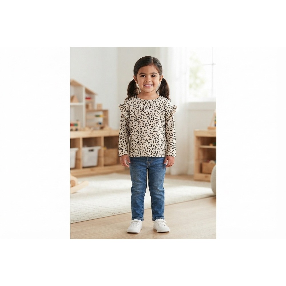 Zara Sweatshirt Kids 3-4 Cream Excellent Leopard Print Ruffle Shoulder Top